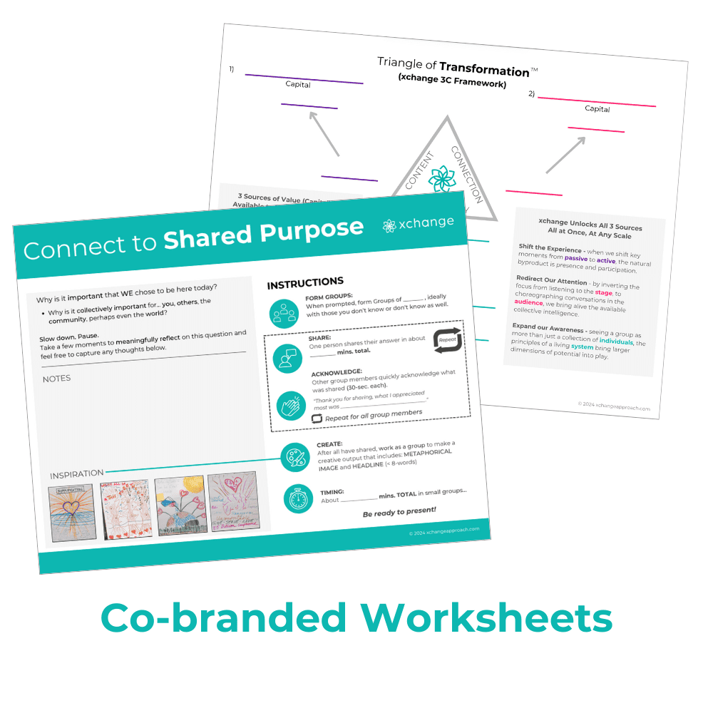 Two worksheets are displayed. The first is titled "Connect to Shared Purpose," featuring sections for instructions, notes, and inspiration. The second illustrates a "Triangle of Transformation," labeled with points on capital and the Xchange 3C Framework.