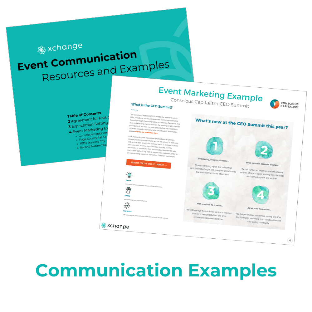 An image showing a presentation slide with the title "Event Communication Resources and Examples" from xChange, featuring a table of contents. Another page titled "Event Marketing Example" from Conscious Capitalism CEO Summit is also visible.