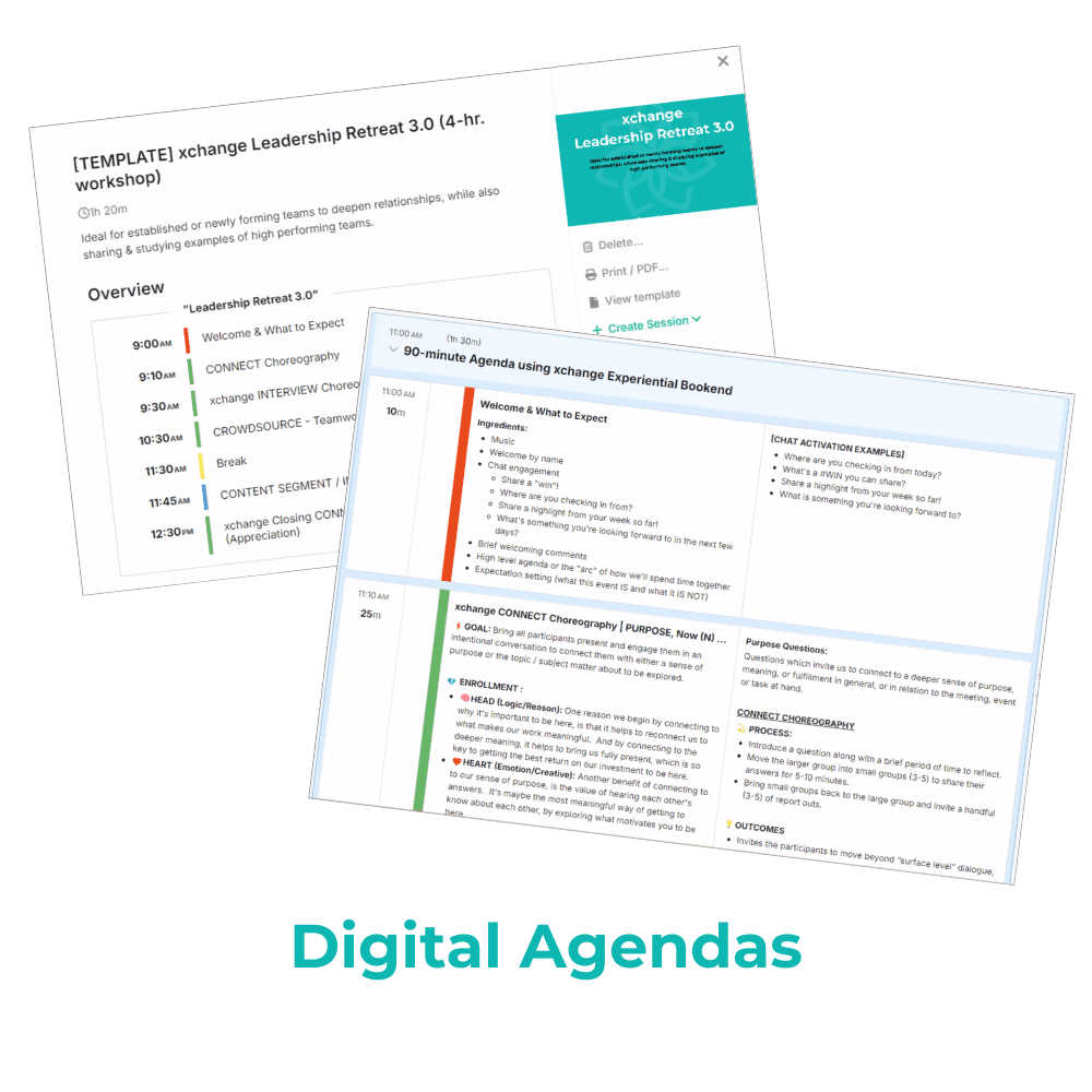 Image showing two overlapping digital agenda templates titled "Leadership Retreat 3.0." The first has sections like Overview and Segment 1; the second outlines a 90-minute agenda with timing and activities. Text below reads "Digital Agendas.