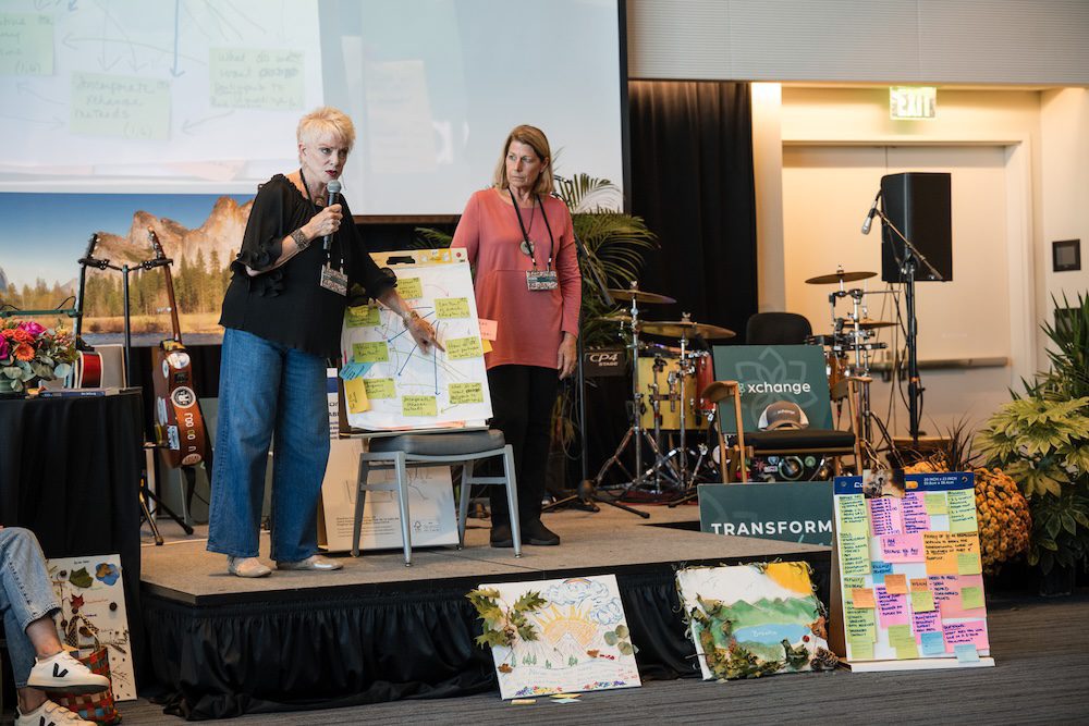 Two women present on a stage. One is holding a microphone and pointing to a board covered with colorful sticky notes. The other stands nearby. Musical instruments and additional boards with notes and artwork are visible in the background.