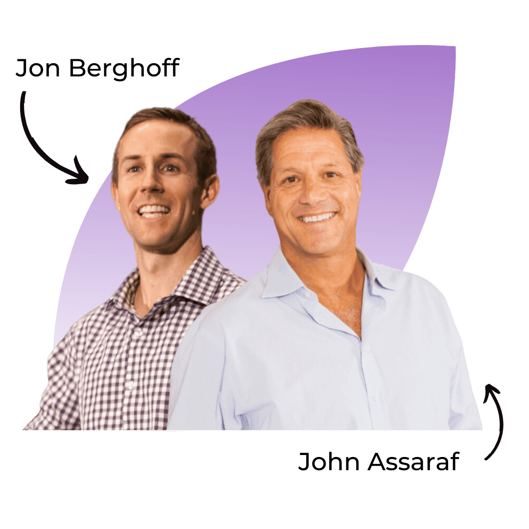 Two men are posed in front of a gradient purple background. One, in a checkered shirt, has the text "Jon Berghoff" with an arrow pointing to him. The other, in a light blue shirt, has the text "John Assaraf" with an arrow pointing to him.